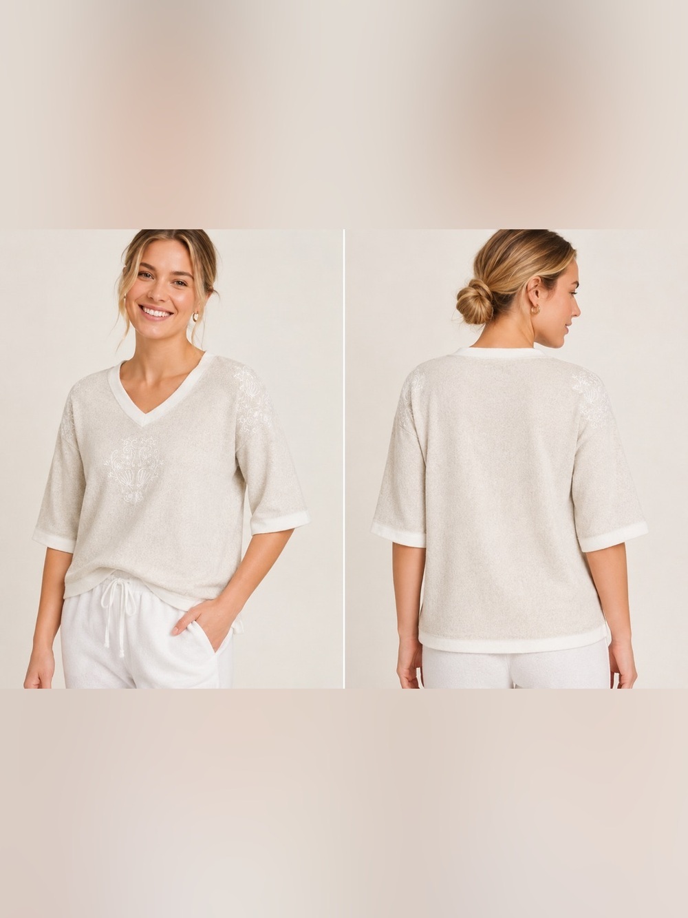 Banana Republic Linen Cotton Embroidered V-Neck Sweater XS Boho Neutral